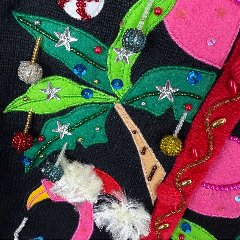Berek Rare Vintage Tropical Flamingo Christmas Cardigan Sweater M Beaded Sequins - Picture 2 of 12